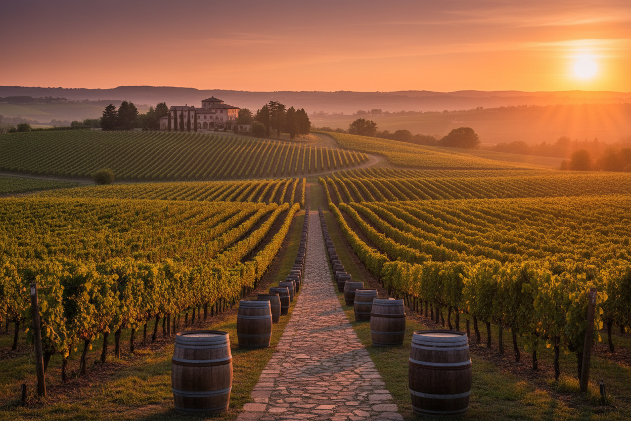 Wijngaard bij zonsondergang